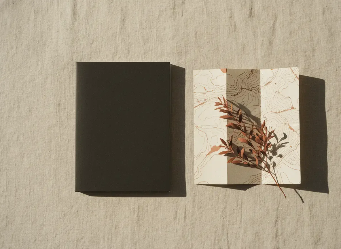 A printed guide folio and folded land map on warm linen