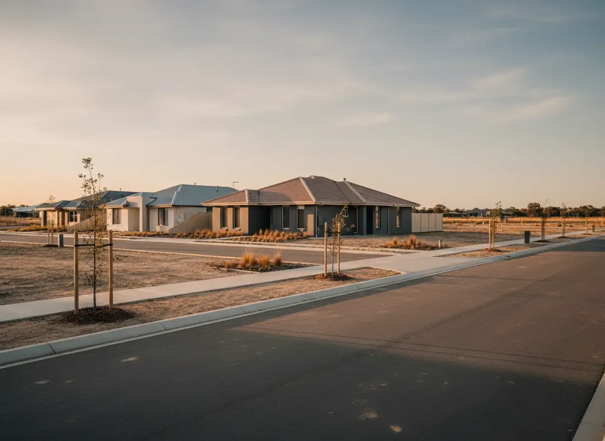 A coordinated low-rise residential development with prepared lots at warm afternoon light