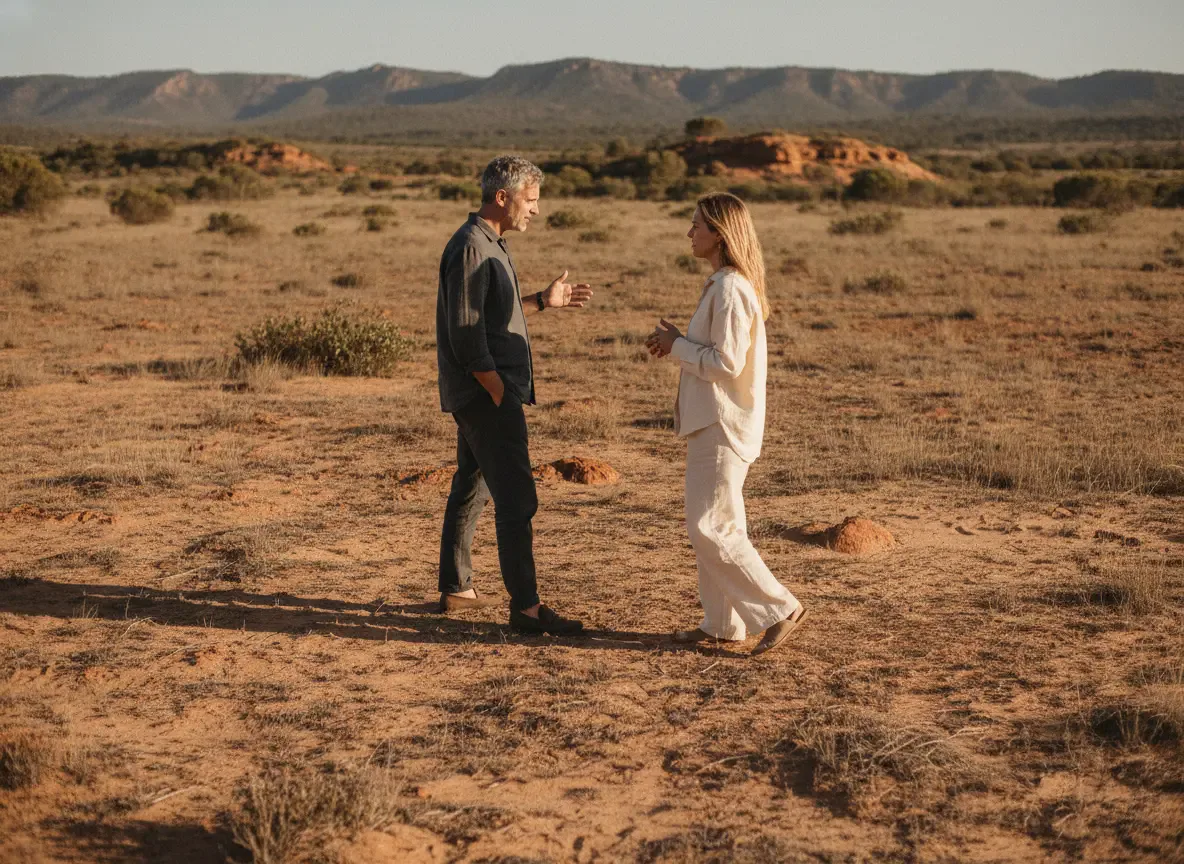 Two people walking an undeveloped parcel of land discussing a project