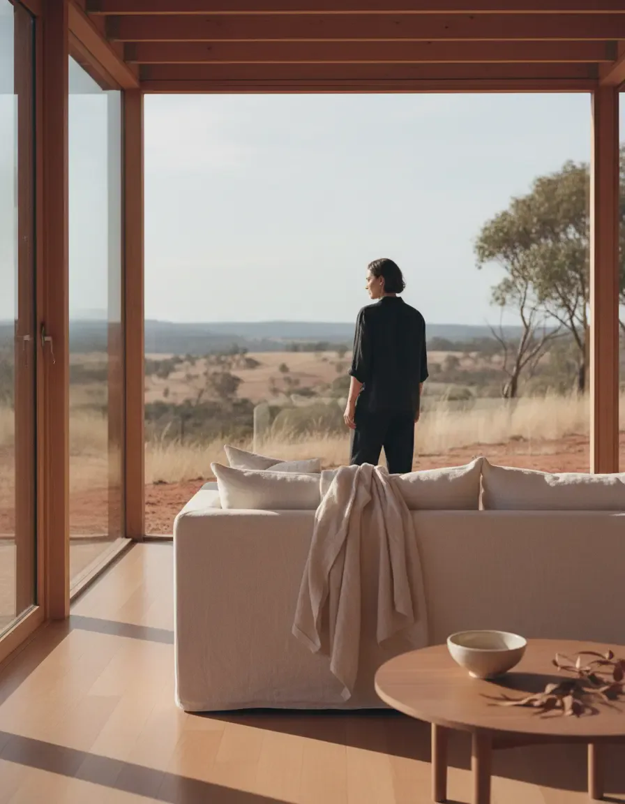 A person looking out over open land from inside a warm contemporary Australian home
