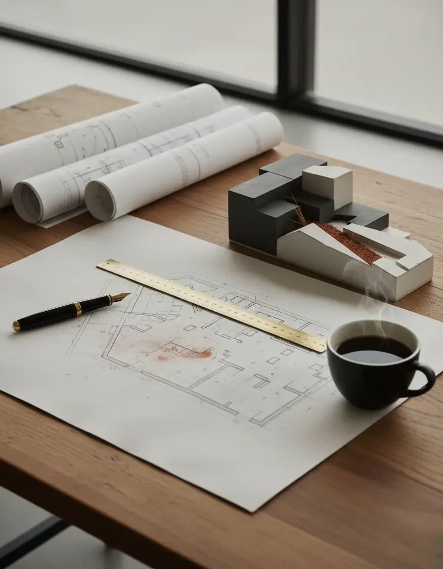 Site plans, a land subdivision model and survey documents on a timber desk