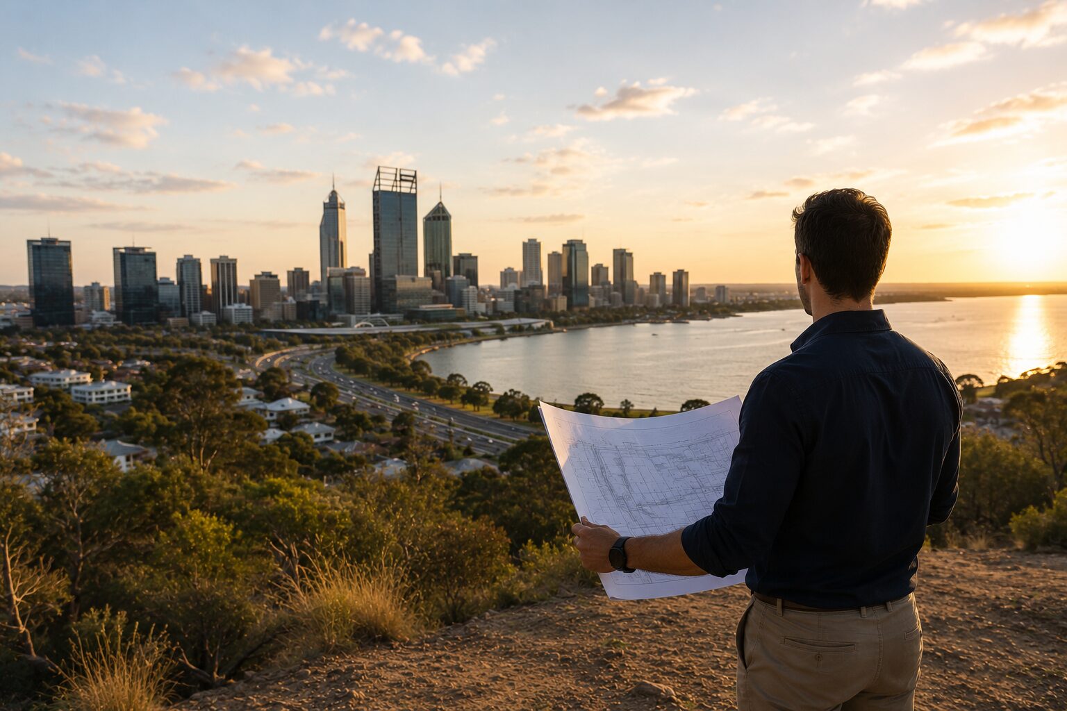 Illustrative image: a figure with their back to camera holds a site plan above the Perth skyline and the Swan River. Not a depiction of DevCo personnel.