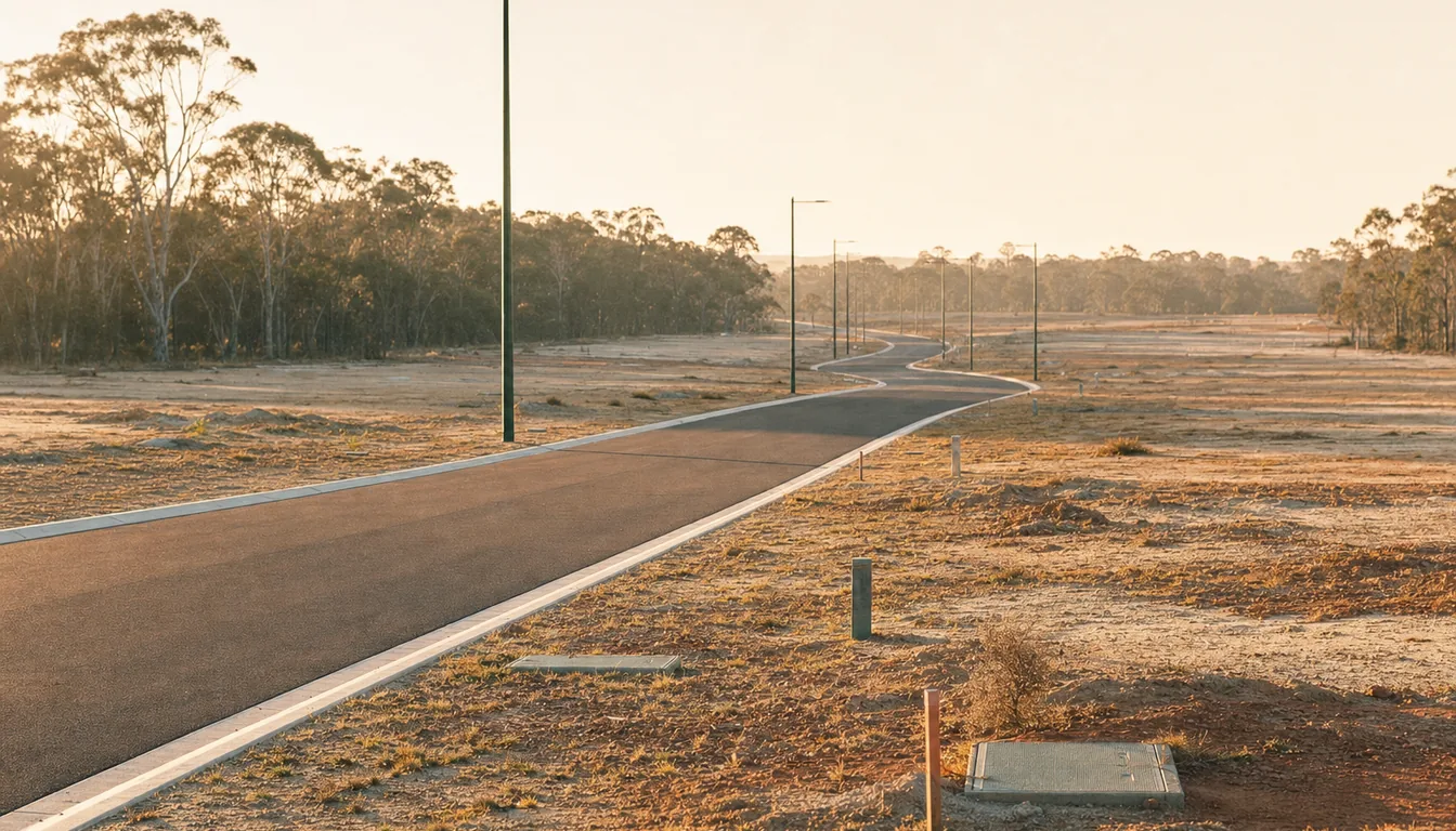 Illustrative image: a newly serviced residential corridor with kerbs, road and streetlights in place and the lots still bare.