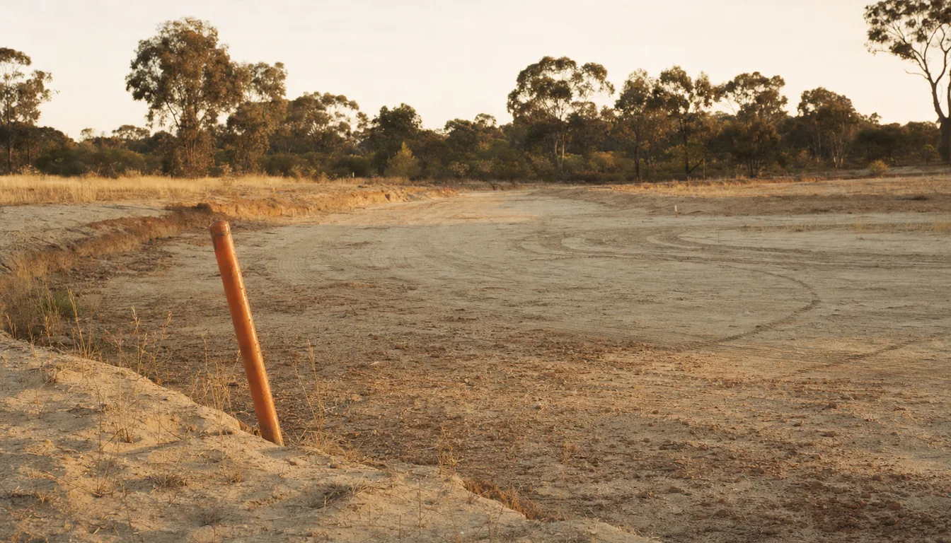 Illustrative image: a cleared land parcel, service trenches backfilled, a leaning survey peg in the foreground — development begun and left waiting.